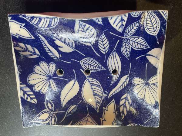 Blue Background with White Leaves Soap Dish