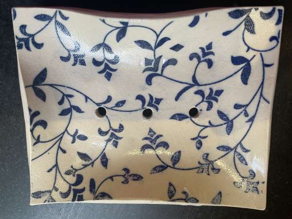 White Background with Blue Leaves Soap Dish